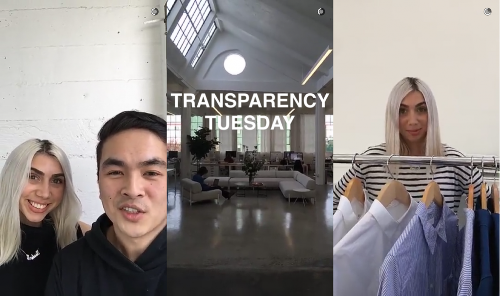 Everlane's Transparency Tuesday Snapchat stories