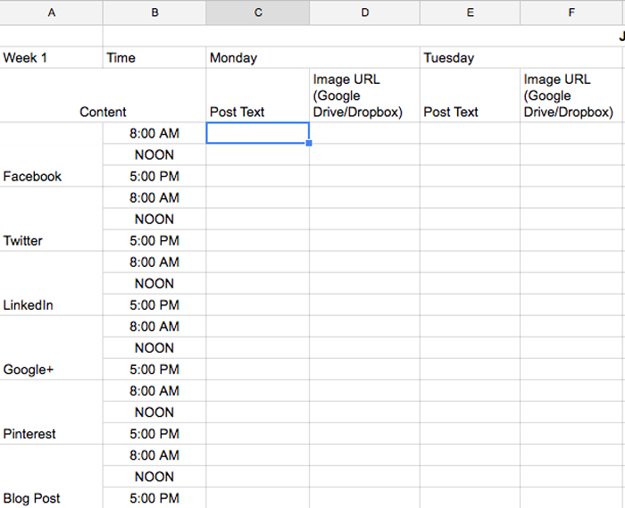 Create a social media content calendar in a spreadsheet