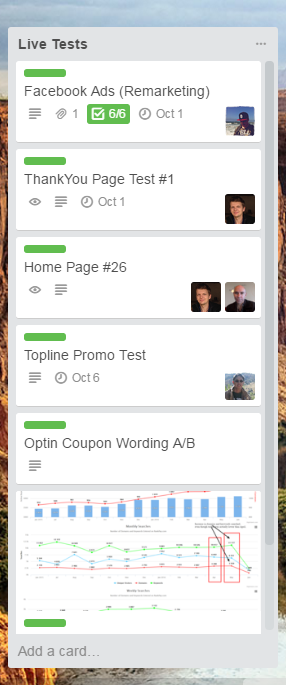 trello live experiments list