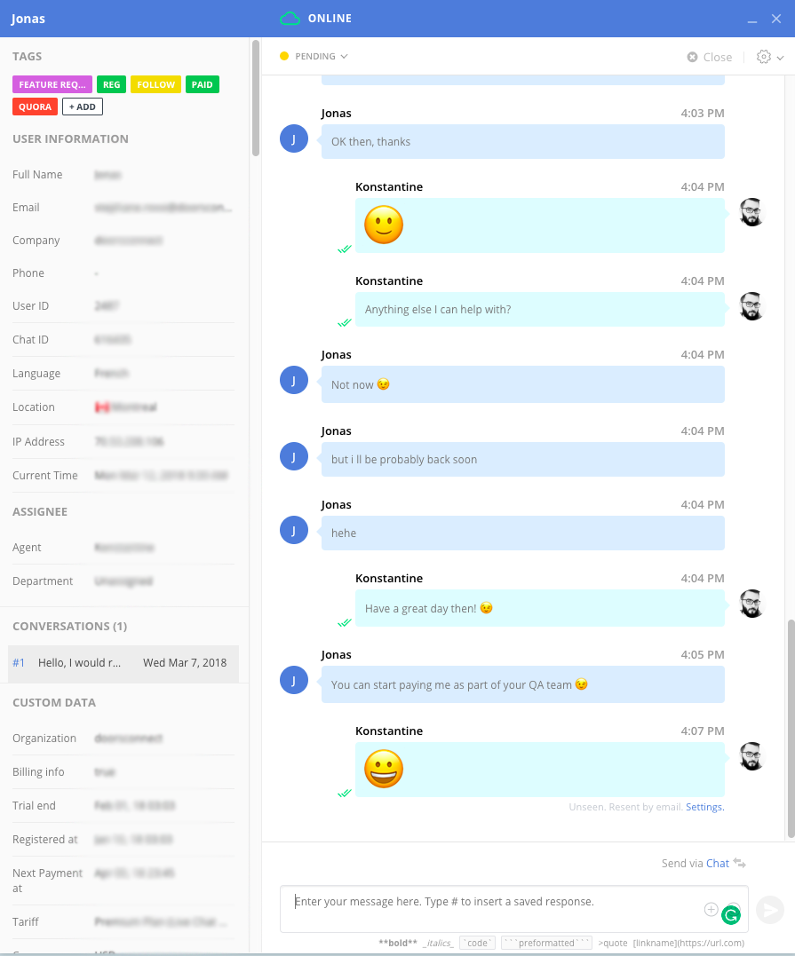 live chat for customer support example