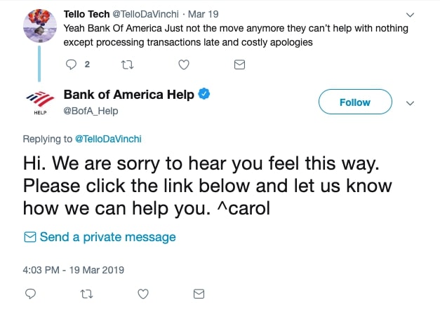 Bank of America customer service example 2