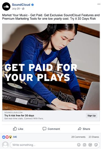 Call to Action Examples for Facebook & Instagram ads SoundCloud example