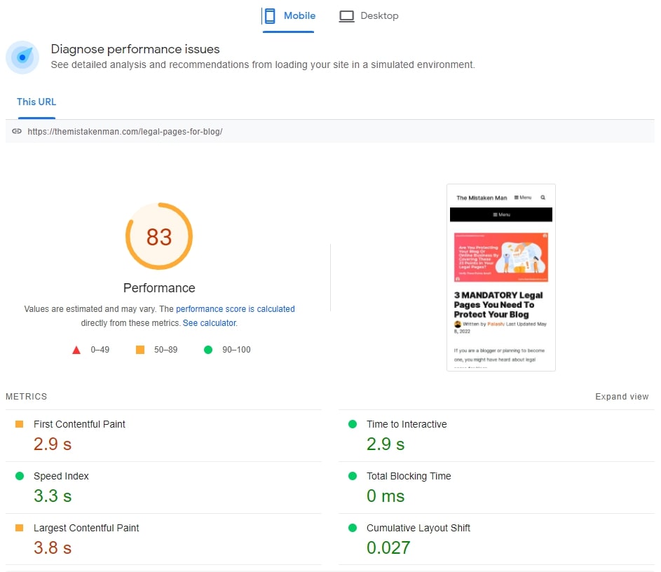 Goolge page speed results example