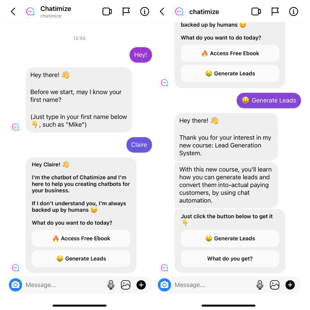 How do Instagram chatbots work? Chatimize example