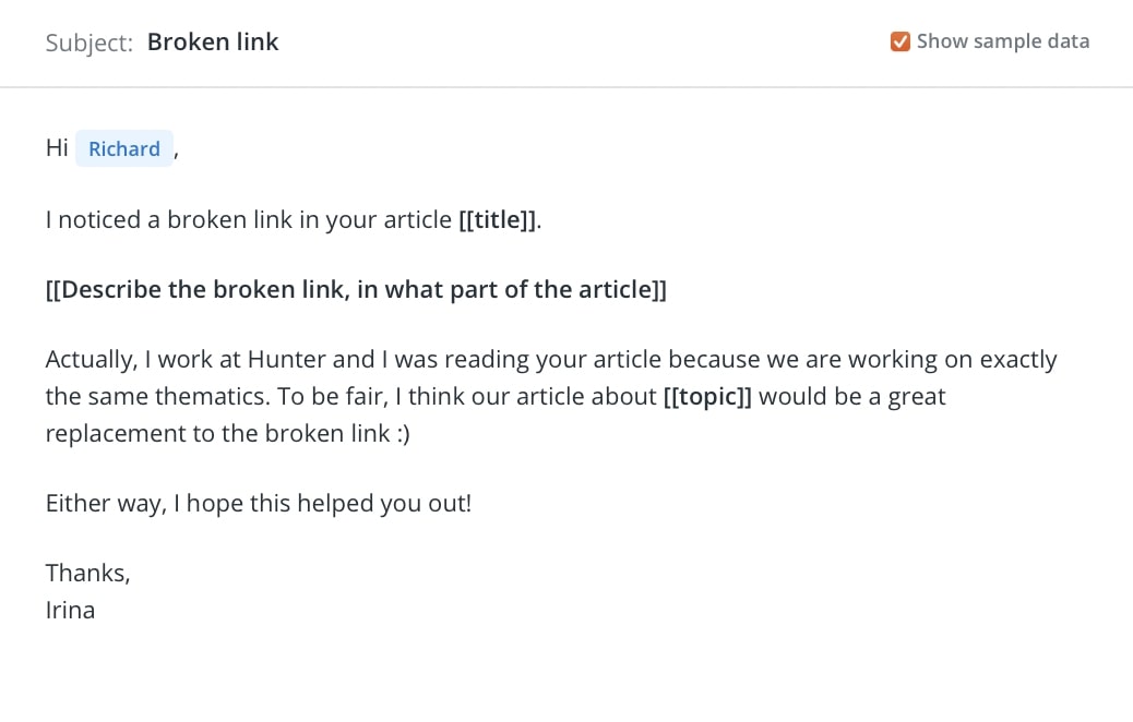 Cold email for link building example