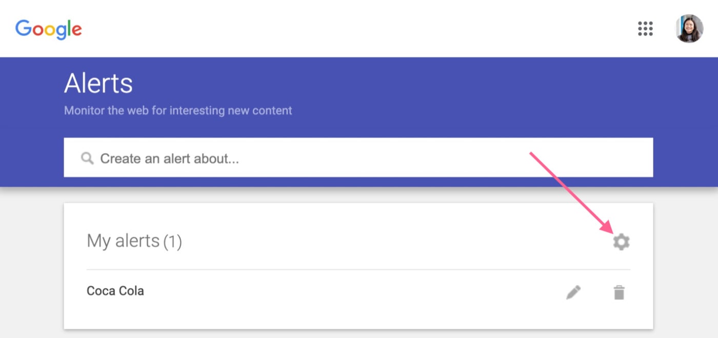 Google Alerts click settings cog