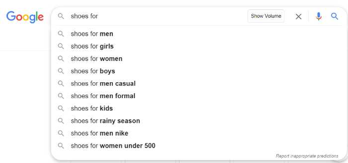 Google Search Bar Suggestions Shoes