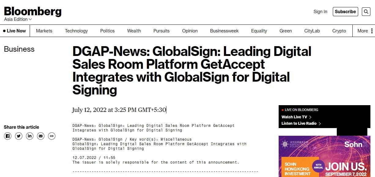 Bloomberg GetAccept GlobalSign partnership