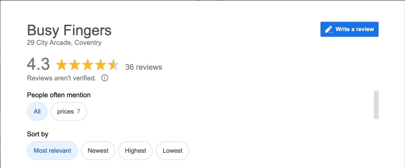 Busy Fingers Google Reviews