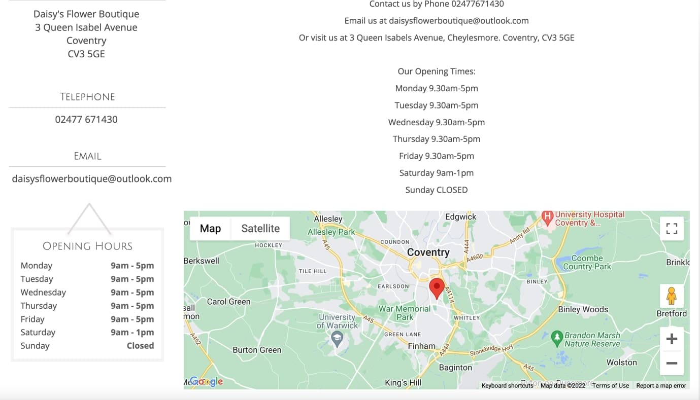 Daisy Flower Boutique Google Map Contact Page