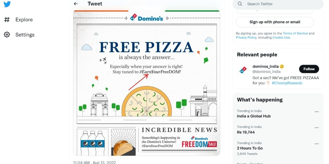 Dominos India Free Pizza