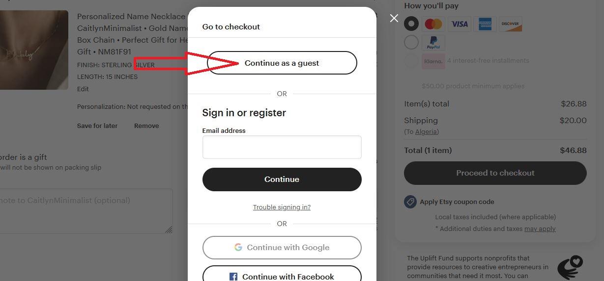 Etsy guest checkout option