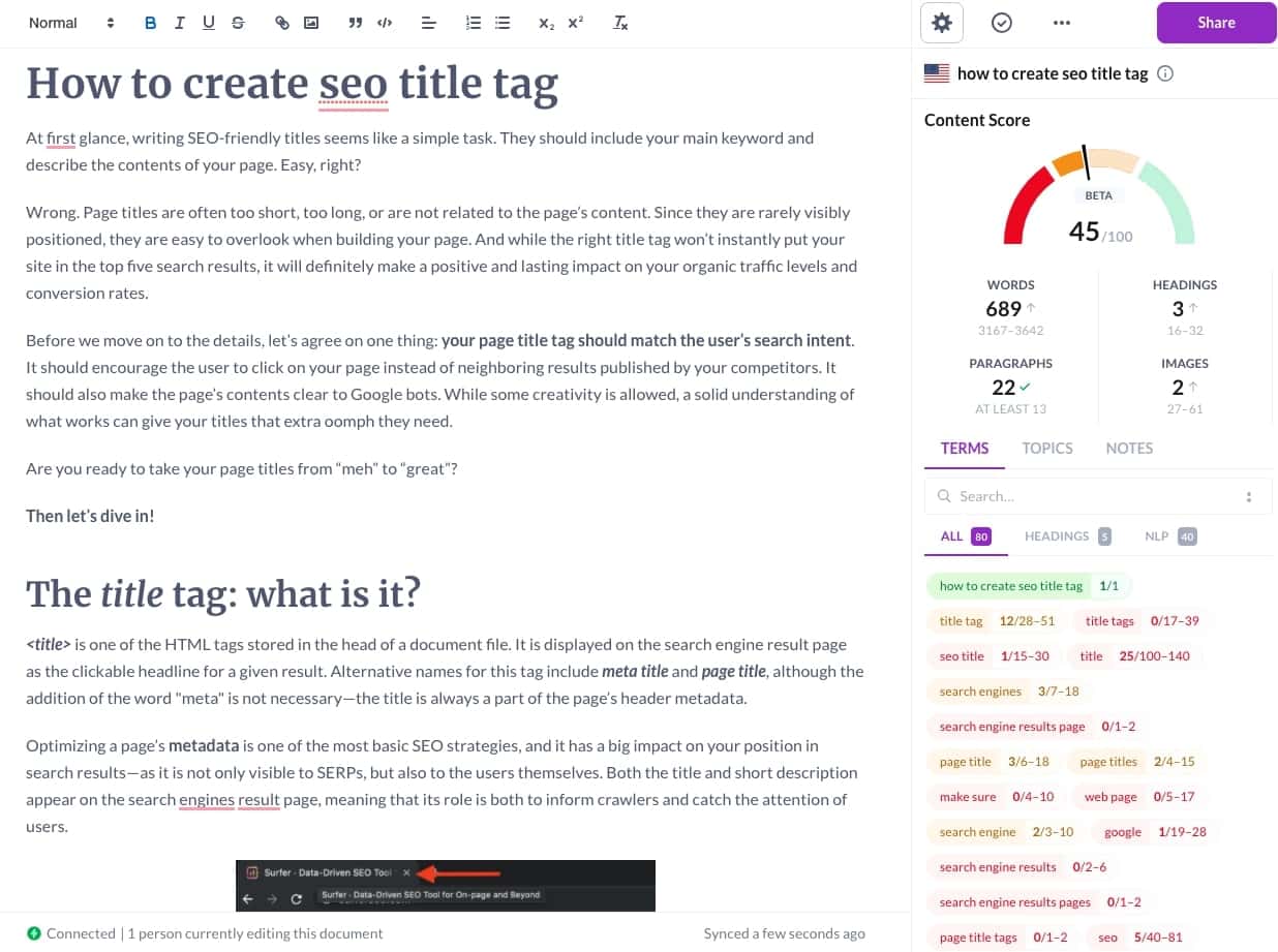 how to create seo title tags Surfer content editor