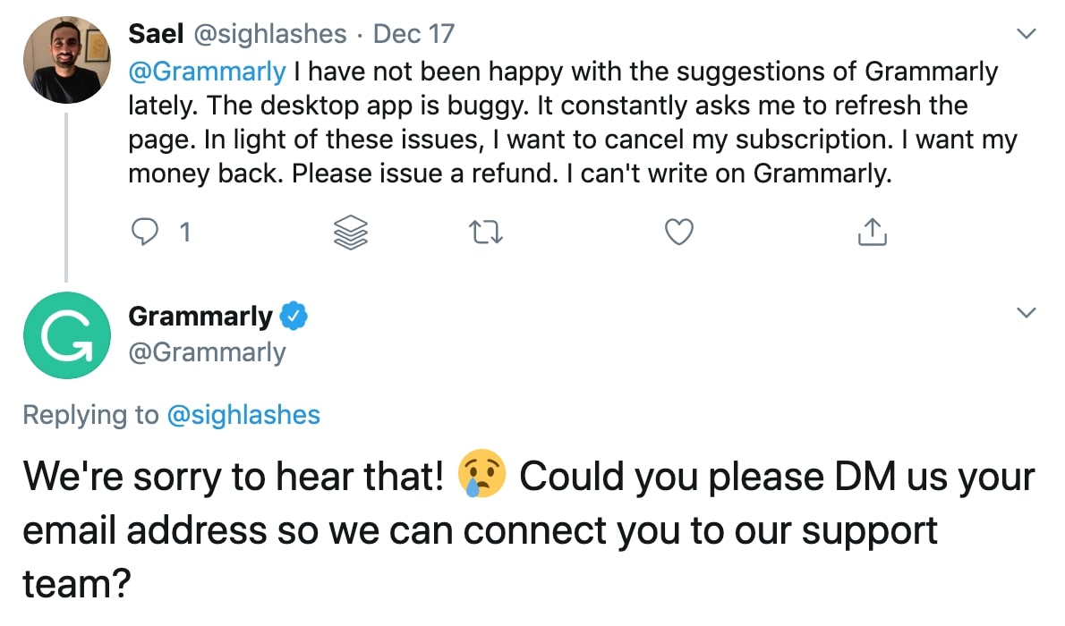 grammarly twitter customer support