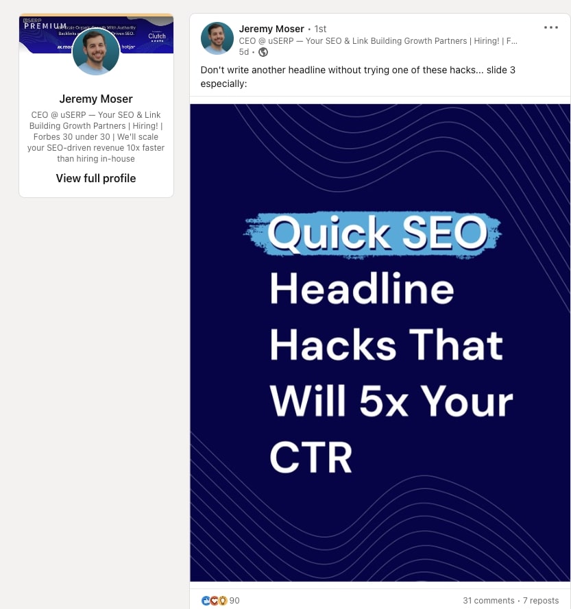 Jeremy Moser PDF post on LinkedIn sharing quick SEO headline hacks